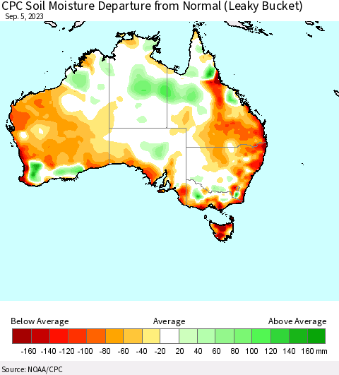 Australia CPC Soil Moisture Departure from Normal (Leaky Bucket) Thematic Map For 9/1/2023 - 9/5/2023