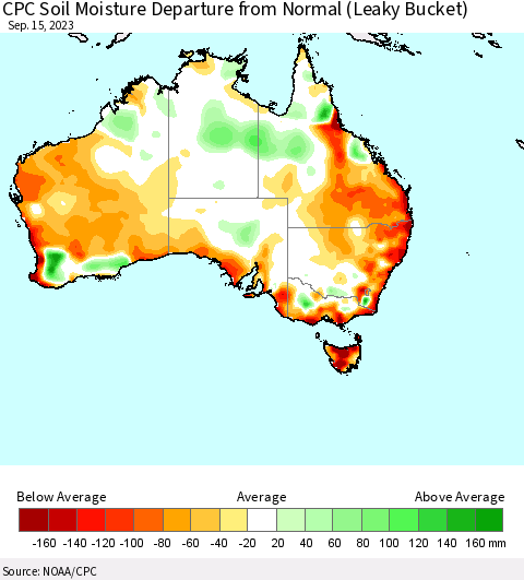Australia CPC Soil Moisture Departure from Normal (Leaky Bucket) Thematic Map For 9/11/2023 - 9/15/2023