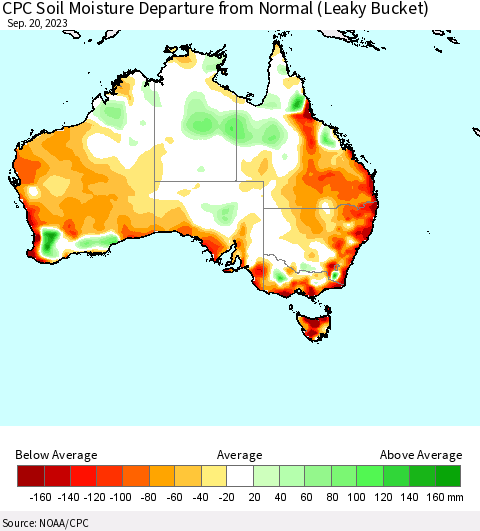Australia CPC Soil Moisture Departure from Normal (Leaky Bucket) Thematic Map For 9/16/2023 - 9/20/2023
