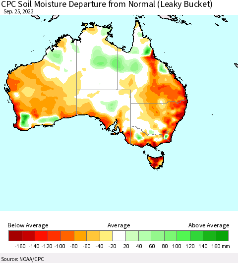 Australia CPC Soil Moisture Departure from Normal (Leaky Bucket) Thematic Map For 9/21/2023 - 9/25/2023