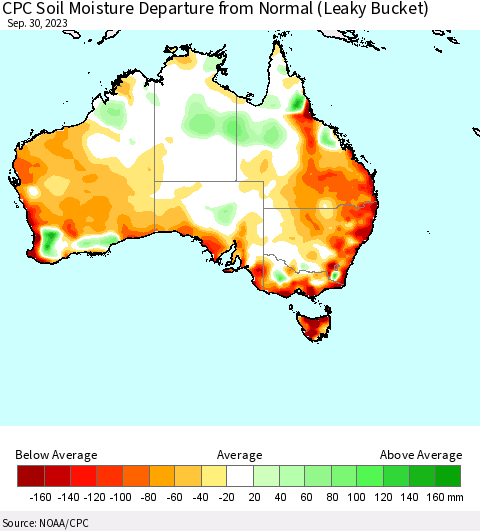 Australia CPC Soil Moisture Departure from Normal (Leaky Bucket) Thematic Map For 9/26/2023 - 9/30/2023