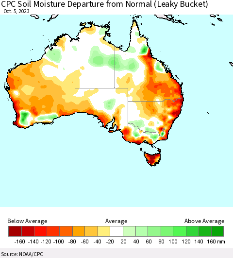 Australia CPC Soil Moisture Departure from Normal (Leaky Bucket) Thematic Map For 10/1/2023 - 10/5/2023