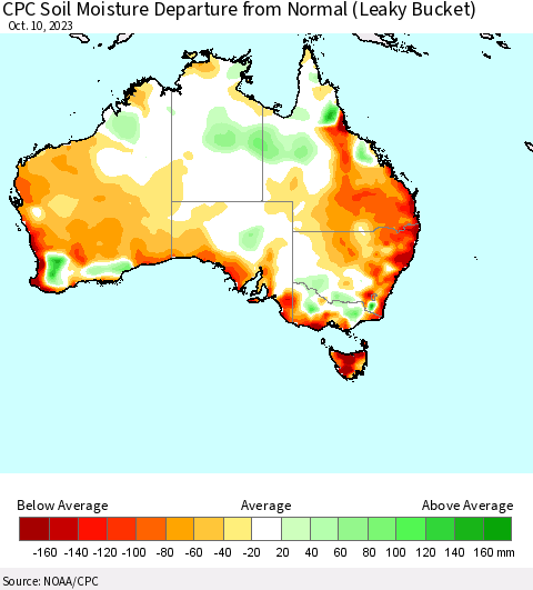 Australia CPC Soil Moisture Departure from Normal (Leaky Bucket) Thematic Map For 10/6/2023 - 10/10/2023