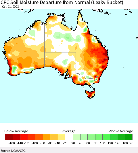 Australia CPC Soil Moisture Departure from Normal (Leaky Bucket) Thematic Map For 10/26/2023 - 10/31/2023