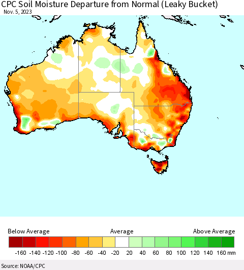 Australia CPC Soil Moisture Departure from Normal (Leaky Bucket) Thematic Map For 11/1/2023 - 11/5/2023