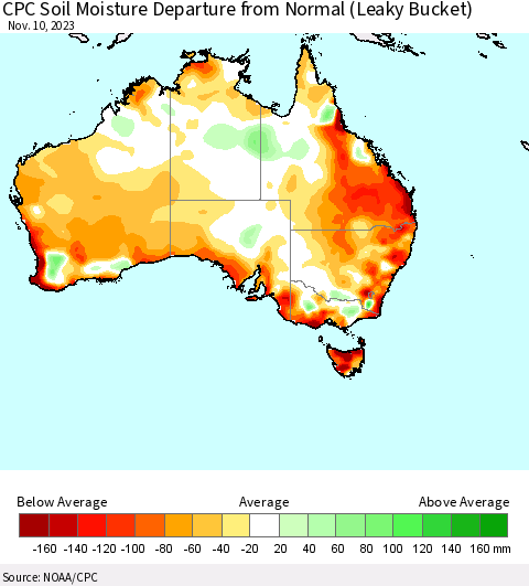 Australia CPC Soil Moisture Departure from Normal (Leaky Bucket) Thematic Map For 11/6/2023 - 11/10/2023