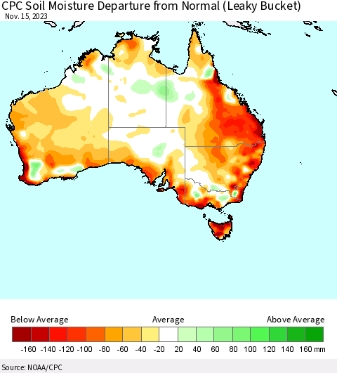 Australia CPC Soil Moisture Departure from Normal (Leaky Bucket) Thematic Map For 11/11/2023 - 11/15/2023