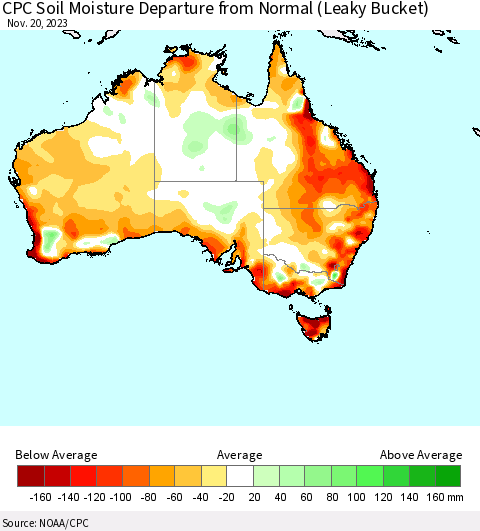 Australia CPC Soil Moisture Departure from Normal (Leaky Bucket) Thematic Map For 11/16/2023 - 11/20/2023
