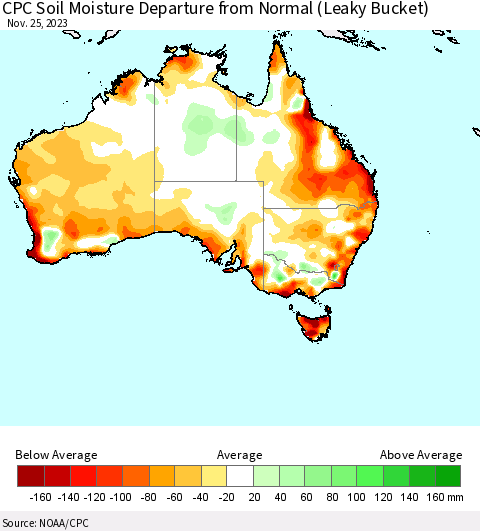Australia CPC Soil Moisture Departure from Normal (Leaky Bucket) Thematic Map For 11/21/2023 - 11/25/2023