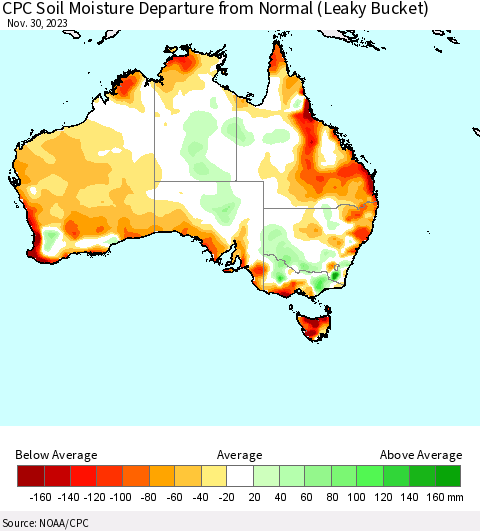 Australia CPC Soil Moisture Departure from Normal (Leaky Bucket) Thematic Map For 11/26/2023 - 11/30/2023
