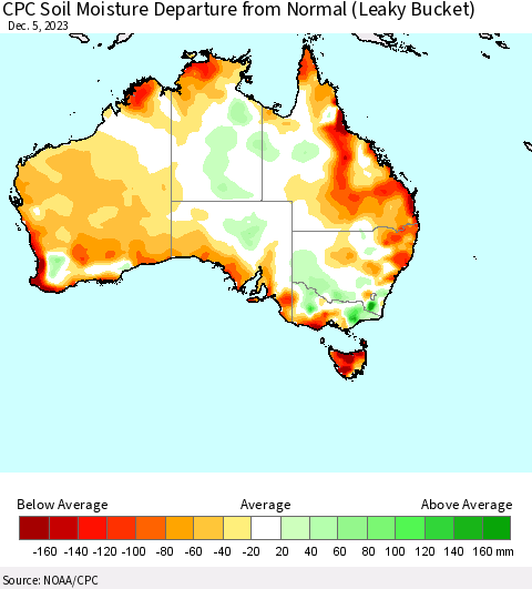 Australia CPC Soil Moisture Departure from Normal (Leaky Bucket) Thematic Map For 12/1/2023 - 12/5/2023