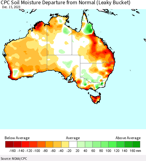 Australia CPC Soil Moisture Departure from Normal (Leaky Bucket) Thematic Map For 12/11/2023 - 12/15/2023