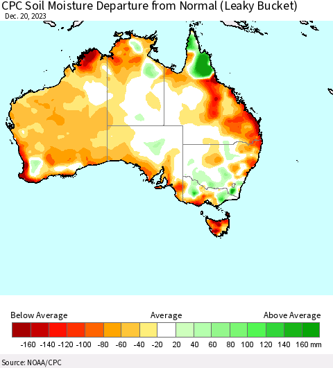 Australia CPC Soil Moisture Departure from Normal (Leaky Bucket) Thematic Map For 12/16/2023 - 12/20/2023