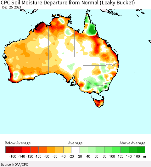 Australia CPC Soil Moisture Departure from Normal (Leaky Bucket) Thematic Map For 12/21/2023 - 12/25/2023