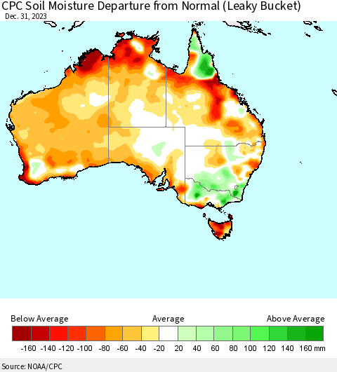Australia CPC Soil Moisture Departure from Normal (Leaky Bucket) Thematic Map For 12/26/2023 - 12/31/2023