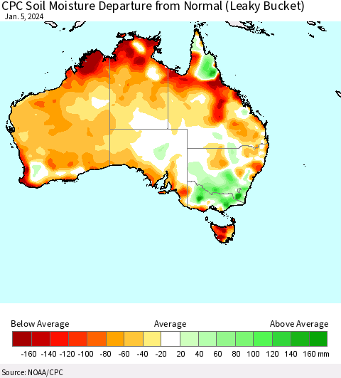 Australia CPC Soil Moisture Departure from Normal (Leaky Bucket) Thematic Map For 1/1/2024 - 1/5/2024
