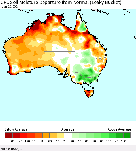 Australia CPC Soil Moisture Departure from Normal (Leaky Bucket) Thematic Map For 1/6/2024 - 1/10/2024