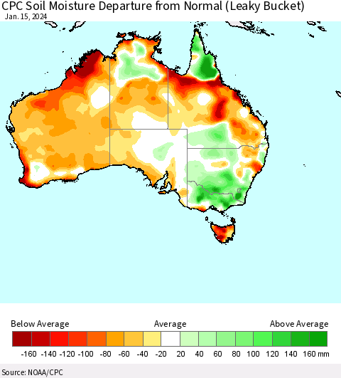 Australia CPC Soil Moisture Departure from Normal (Leaky Bucket) Thematic Map For 1/11/2024 - 1/15/2024