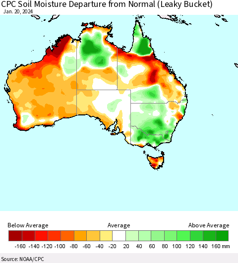 Australia CPC Soil Moisture Departure from Normal (Leaky Bucket) Thematic Map For 1/16/2024 - 1/20/2024
