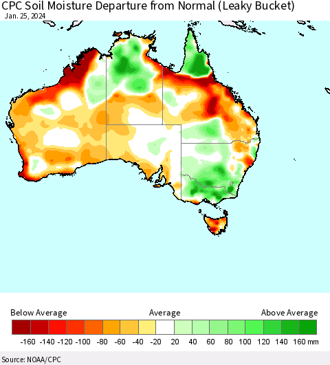Australia CPC Soil Moisture Departure from Normal (Leaky Bucket) Thematic Map For 1/21/2024 - 1/25/2024