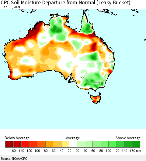 Australia CPC Soil Moisture Departure from Normal (Leaky Bucket) Thematic Map For 1/26/2024 - 1/31/2024