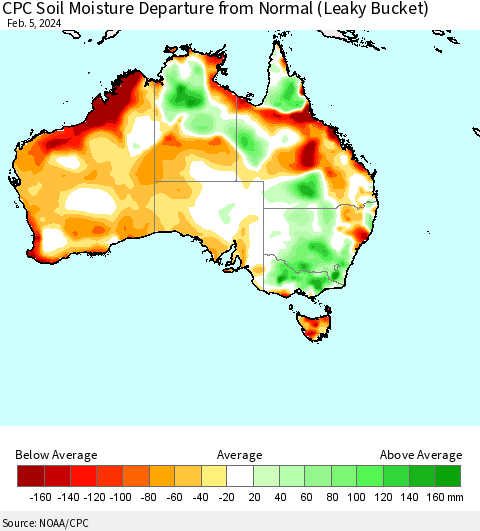 Australia CPC Soil Moisture Departure from Normal (Leaky Bucket) Thematic Map For 2/1/2024 - 2/5/2024