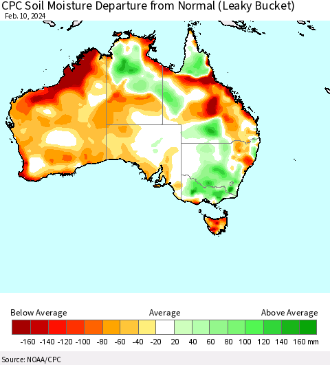 Australia CPC Soil Moisture Departure from Normal (Leaky Bucket) Thematic Map For 2/6/2024 - 2/10/2024