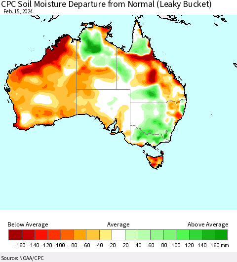 Australia CPC Soil Moisture Departure from Normal (Leaky Bucket) Thematic Map For 2/11/2024 - 2/15/2024
