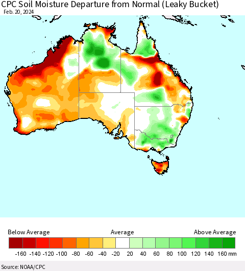 Australia CPC Soil Moisture Departure from Normal (Leaky Bucket) Thematic Map For 2/16/2024 - 2/20/2024