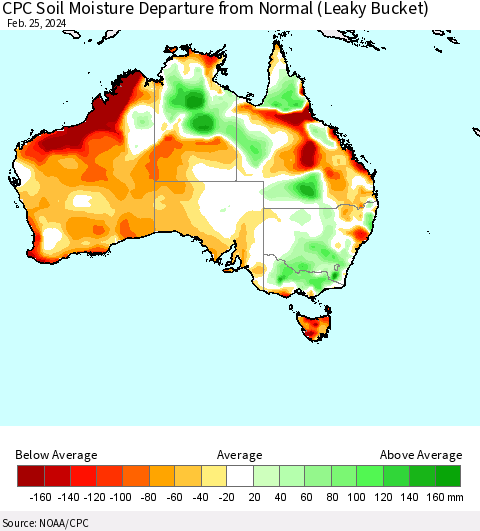Australia CPC Soil Moisture Departure from Normal (Leaky Bucket) Thematic Map For 2/21/2024 - 2/25/2024