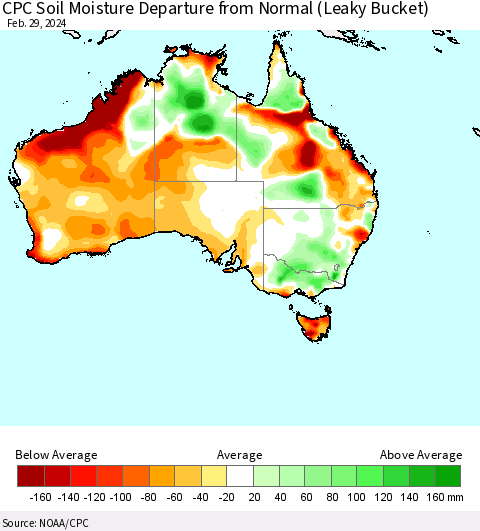 Australia CPC Soil Moisture Departure from Normal (Leaky Bucket) Thematic Map For 2/26/2024 - 2/29/2024