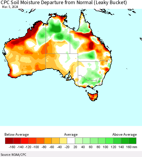Australia CPC Soil Moisture Departure from Normal (Leaky Bucket) Thematic Map For 3/1/2024 - 3/5/2024