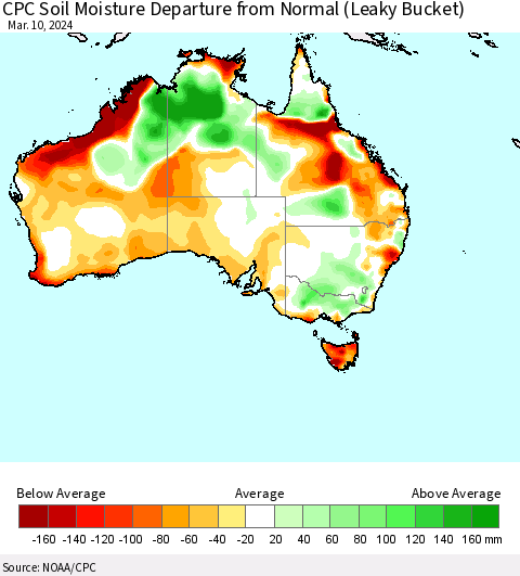 Australia CPC Soil Moisture Departure from Normal (Leaky Bucket) Thematic Map For 3/6/2024 - 3/10/2024