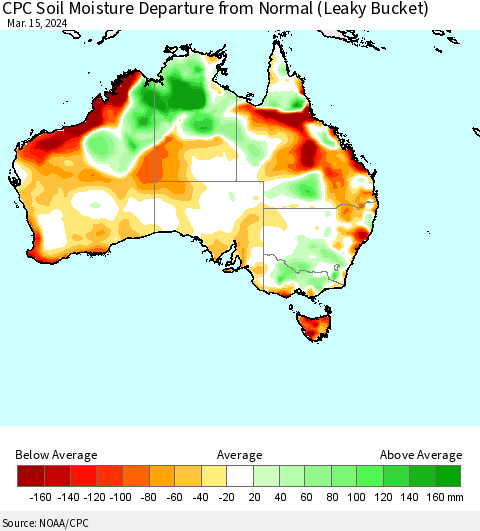Australia CPC Soil Moisture Departure from Normal (Leaky Bucket) Thematic Map For 3/11/2024 - 3/15/2024