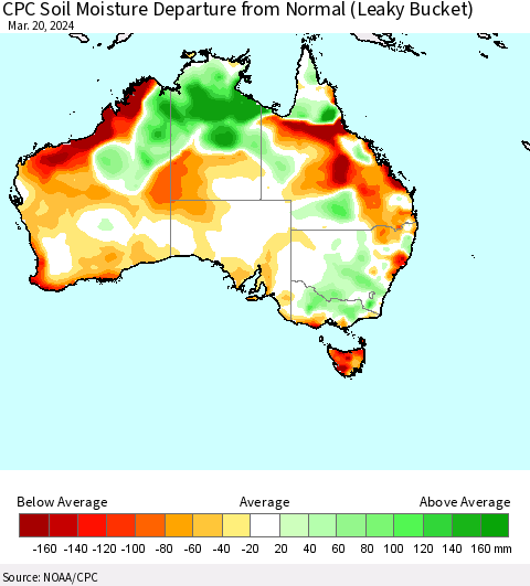 Australia CPC Soil Moisture Departure from Normal (Leaky Bucket) Thematic Map For 3/16/2024 - 3/20/2024