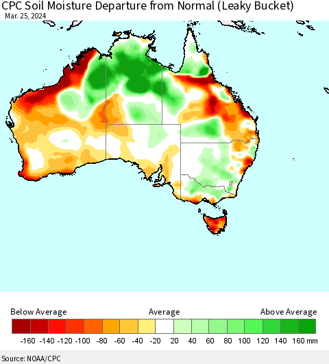 Australia CPC Soil Moisture Departure from Normal (Leaky Bucket) Thematic Map For 3/21/2024 - 3/25/2024
