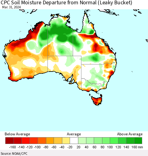 Australia CPC Soil Moisture Departure from Normal (Leaky Bucket) Thematic Map For 3/26/2024 - 3/31/2024