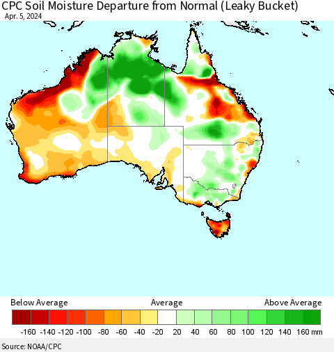 Australia CPC Soil Moisture Departure from Normal (Leaky Bucket) Thematic Map For 4/1/2024 - 4/5/2024