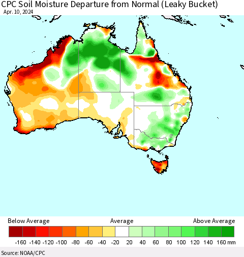 Australia CPC Soil Moisture Departure from Normal (Leaky Bucket) Thematic Map For 4/6/2024 - 4/10/2024