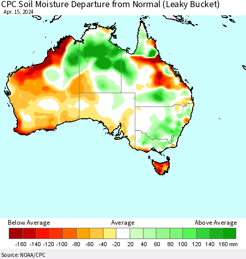 Australia CPC Soil Moisture Departure from Normal (Leaky Bucket) Thematic Map For 4/11/2024 - 4/15/2024