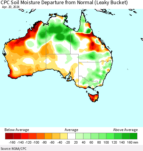 Australia CPC Soil Moisture Departure from Normal (Leaky Bucket) Thematic Map For 4/16/2024 - 4/20/2024