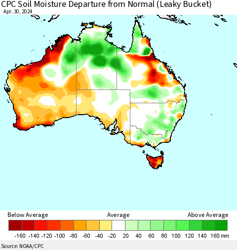 Australia CPC Soil Moisture Departure from Normal (Leaky Bucket) Thematic Map For 4/26/2024 - 4/30/2024