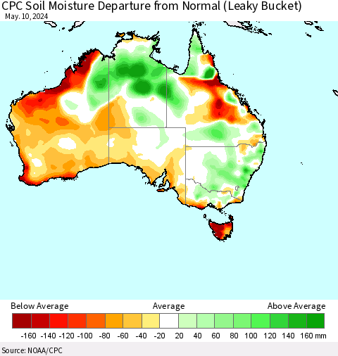 Australia CPC Soil Moisture Departure from Normal (Leaky Bucket) Thematic Map For 5/6/2024 - 5/10/2024