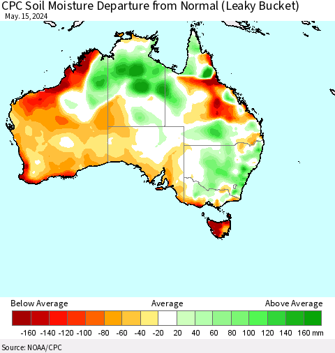 Australia CPC Soil Moisture Departure from Normal (Leaky Bucket) Thematic Map For 5/11/2024 - 5/15/2024