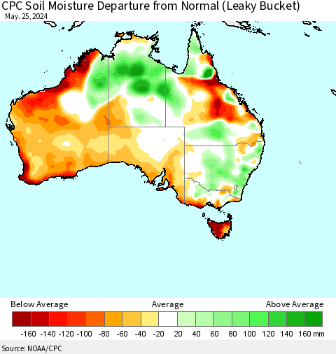 Australia CPC Soil Moisture Departure from Normal (Leaky Bucket) Thematic Map For 5/21/2024 - 5/25/2024