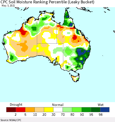 Australia CPC Soil Moisture Ranking Percentile (Leaky Bucket) Thematic Map For 5/1/2021 - 5/5/2021