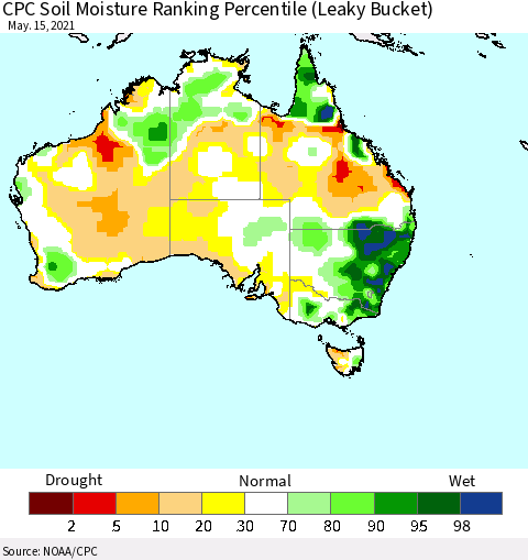 Australia CPC Soil Moisture Ranking Percentile (Leaky Bucket) Thematic Map For 5/11/2021 - 5/15/2021