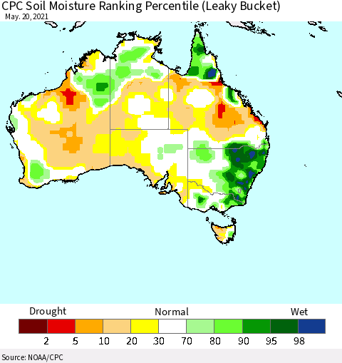 Australia CPC Soil Moisture Ranking Percentile (Leaky Bucket) Thematic Map For 5/16/2021 - 5/20/2021
