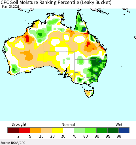 Australia CPC Soil Moisture Ranking Percentile (Leaky Bucket) Thematic Map For 5/21/2021 - 5/25/2021