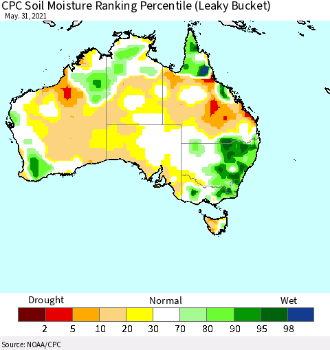 Australia CPC Soil Moisture Ranking Percentile (Leaky Bucket) Thematic Map For 5/26/2021 - 5/31/2021